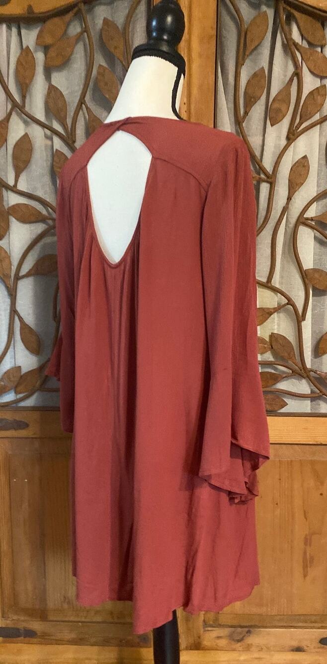 Lush, Rust colored tunic with Cutout Back and Bell Sleeve, XS